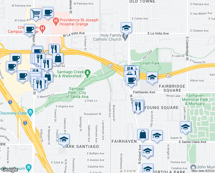 map of restaurants, bars, coffee shops, grocery stores, and more near 2707 Larchmont Avenue in Santa Ana