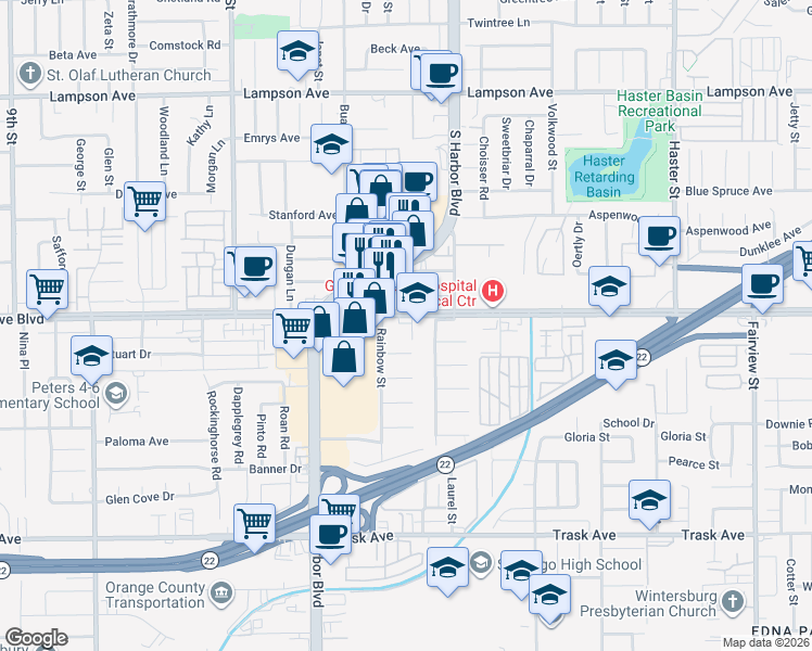 map of restaurants, bars, coffee shops, grocery stores, and more near 12372 Garden Grove Boulevard in Garden Grove