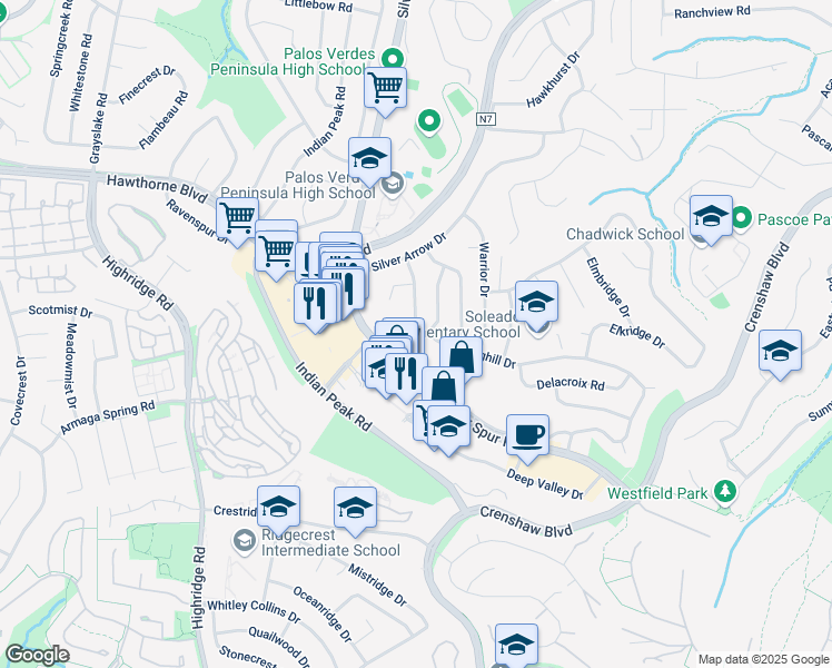 map of restaurants, bars, coffee shops, grocery stores, and more near 27557 Longhill Drive in Rancho Palos Verdes