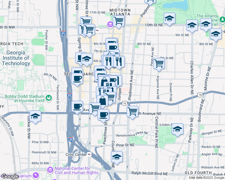 map of restaurants, bars, coffee shops, grocery stores, and more near 715 Peachtree Street Northeast in Atlanta