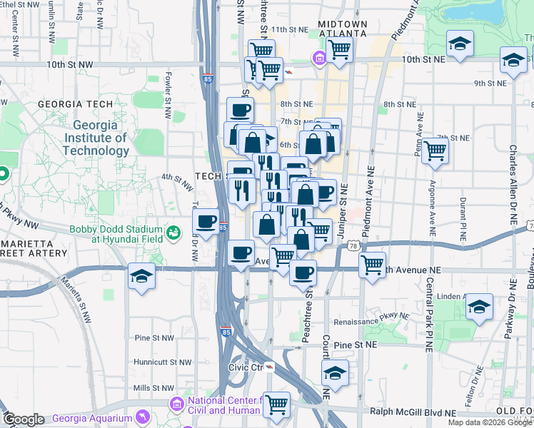 map of restaurants, bars, coffee shops, grocery stores, and more near 710 West Peachtree Street Northwest in Atlanta