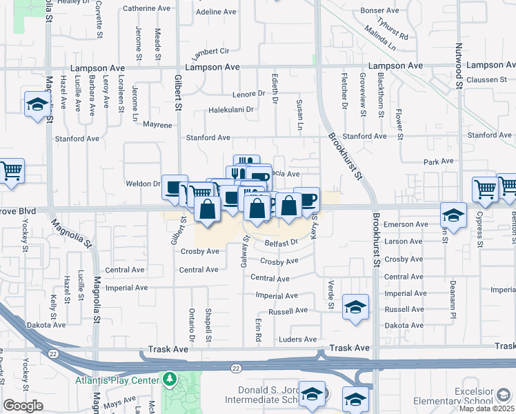 map of restaurants, bars, coffee shops, grocery stores, and more near 9735 Garden Grove Boulevard in Garden Grove