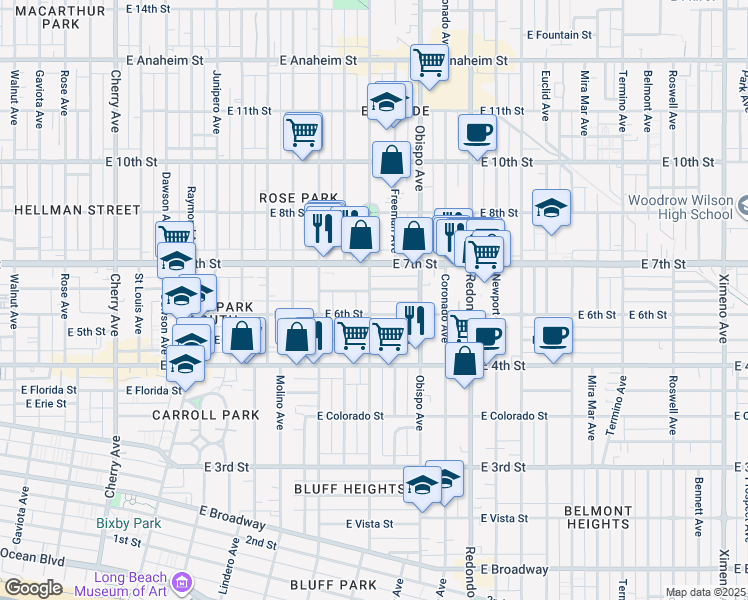 map of restaurants, bars, coffee shops, grocery stores, and more near 622 Orizaba Avenue in Long Beach