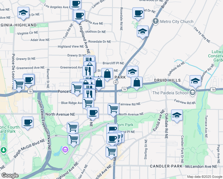 map of restaurants, bars, coffee shops, grocery stores, and more near 1156 U.S. 278 in Atlanta