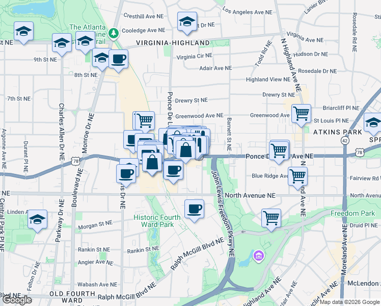 map of restaurants, bars, coffee shops, grocery stores, and more near 774 Ponce De Leon Avenue Northeast in Atlanta