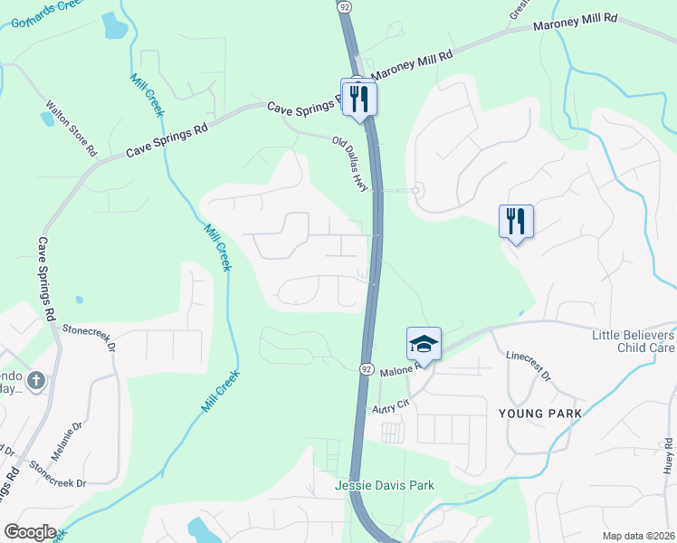 map of restaurants, bars, coffee shops, grocery stores, and more near 5320 Brickleberry Way in Douglasville