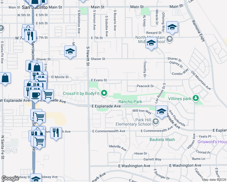 map of restaurants, bars, coffee shops, grocery stores, and more near 1356 Bristol Court in San Jacinto