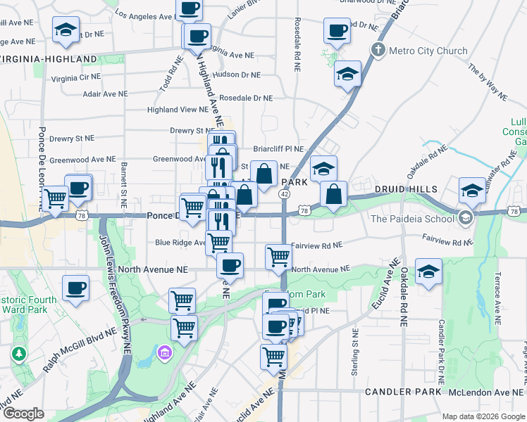 map of restaurants, bars, coffee shops, grocery stores, and more near 1156 U.S. 278 in Atlanta