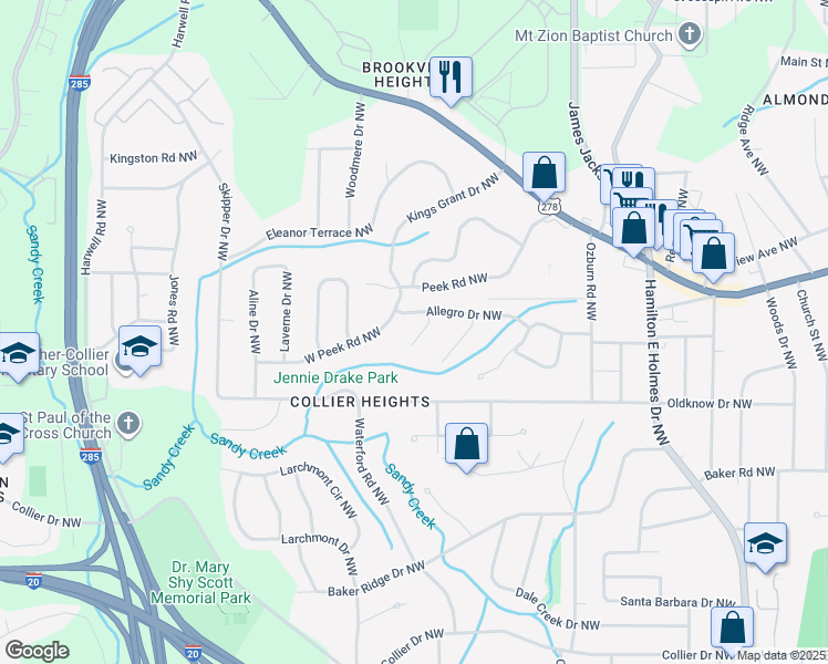 map of restaurants, bars, coffee shops, grocery stores, and more near 700 Symphony Lane Northwest in Atlanta