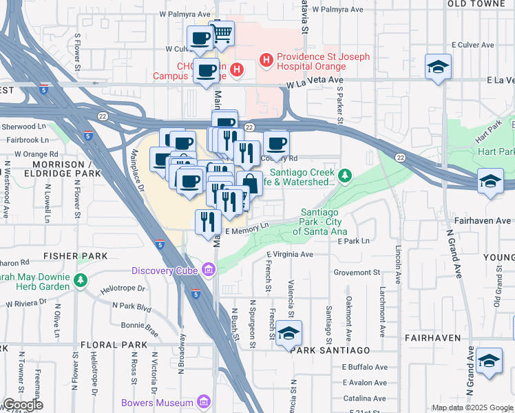 map of restaurants, bars, coffee shops, grocery stores, and more near 214 Jeanette Lane in Santa Ana