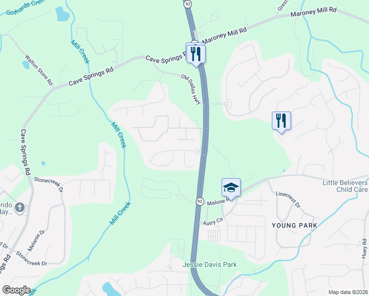 map of restaurants, bars, coffee shops, grocery stores, and more near 5306 Brickleberry Way in Douglasville