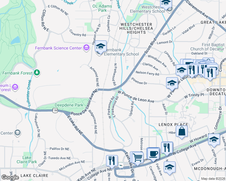 map of restaurants, bars, coffee shops, grocery stores, and more near 1509 South Ponce De Leon Avenue Northeast in Atlanta