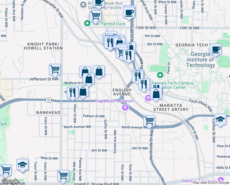 map of restaurants, bars, coffee shops, grocery stores, and more near 676 Wheeler Street Northwest in Atlanta