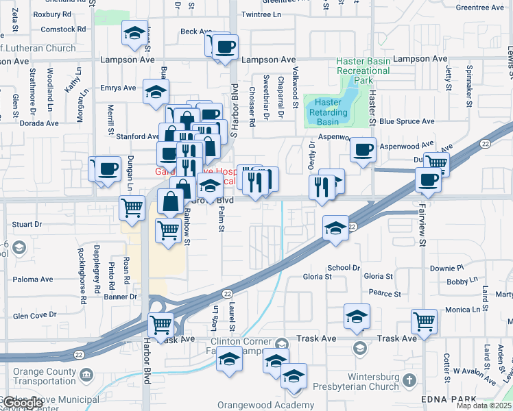 map of restaurants, bars, coffee shops, grocery stores, and more near 12572 Garden Grove Boulevard in Garden Grove