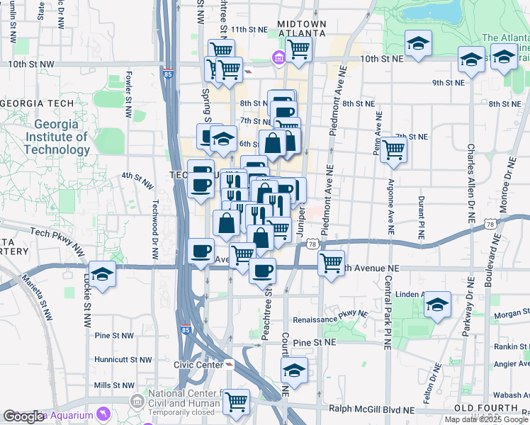 map of restaurants, bars, coffee shops, grocery stores, and more near 710 West Peachtree Street Northwest in Atlanta