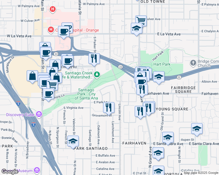 map of restaurants, bars, coffee shops, grocery stores, and more near 908 Clemensen Avenue in Santa Ana