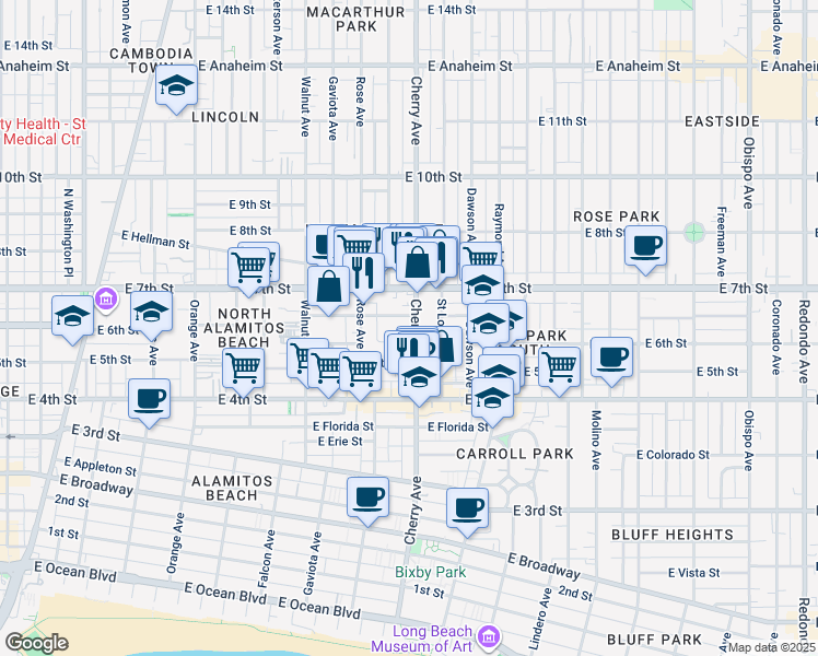 map of restaurants, bars, coffee shops, grocery stores, and more near 1918 East 6th Street in Long Beach