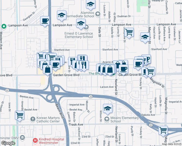 map of restaurants, bars, coffee shops, grocery stores, and more near 8391 Garden Grove Boulevard in Garden Grove