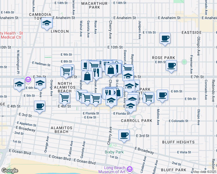 map of restaurants, bars, coffee shops, grocery stores, and more near 563 Cherry Avenue in Long Beach