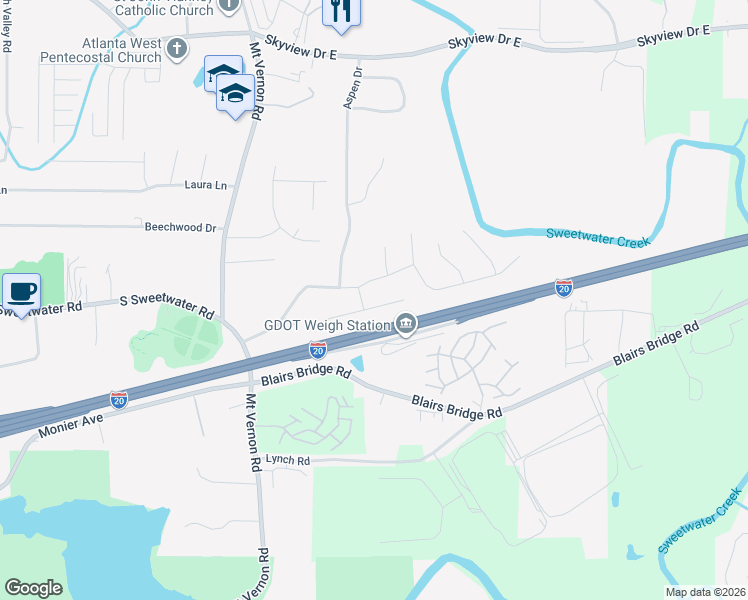 map of restaurants, bars, coffee shops, grocery stores, and more near 1700 Silverdale Lane in Lithia Springs