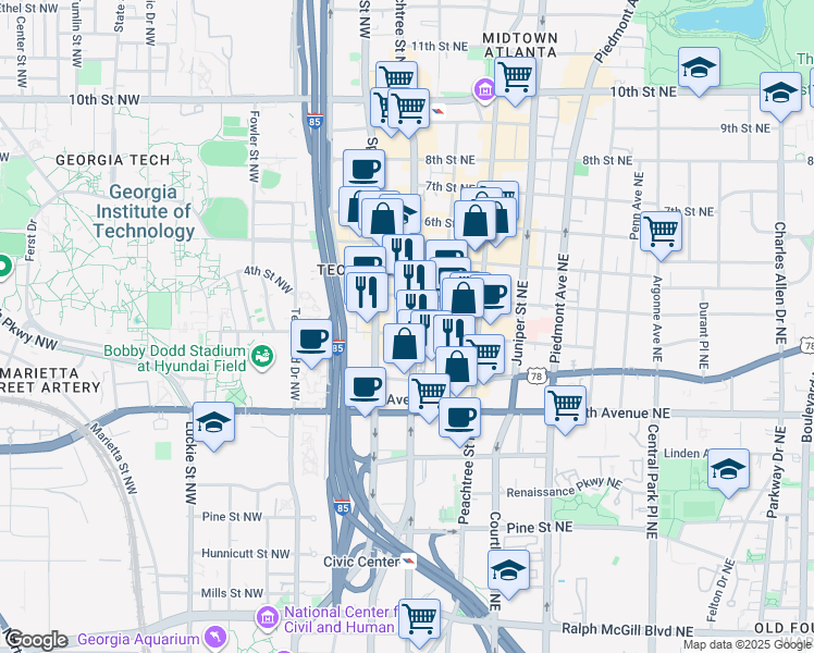map of restaurants, bars, coffee shops, grocery stores, and more near 712 West Peachtree Street Northwest in Atlanta