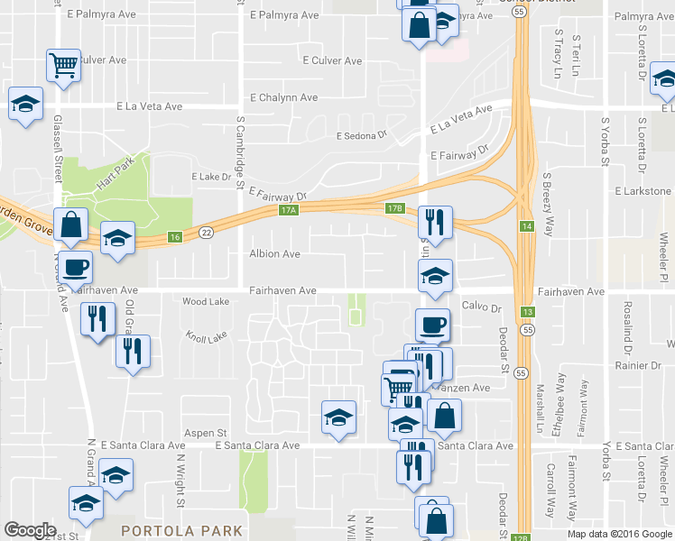 map of restaurants, bars, coffee shops, grocery stores, and more near 2714 Dayna Street in Santa Ana