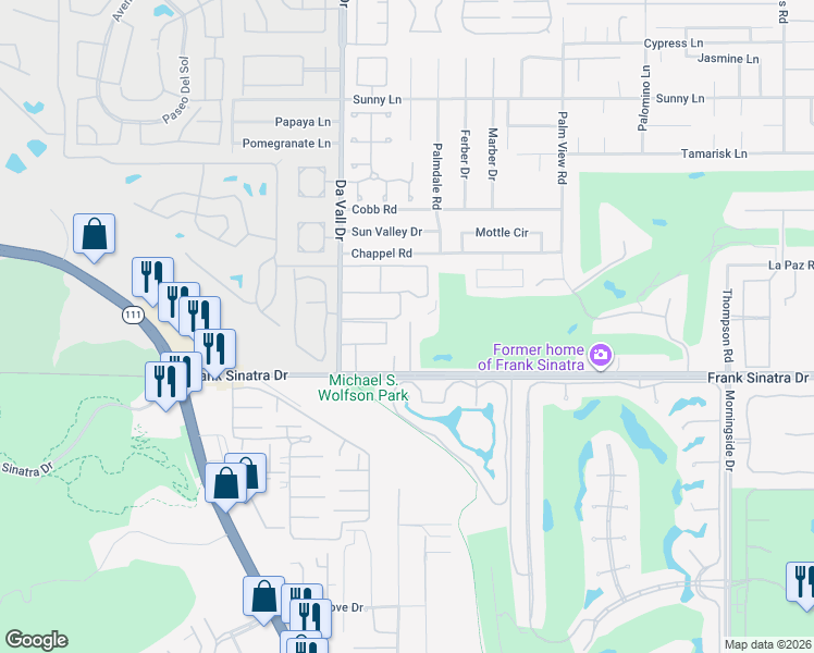 map of restaurants, bars, coffee shops, grocery stores, and more near 70164 Frank Sinatra Drive in Rancho Mirage