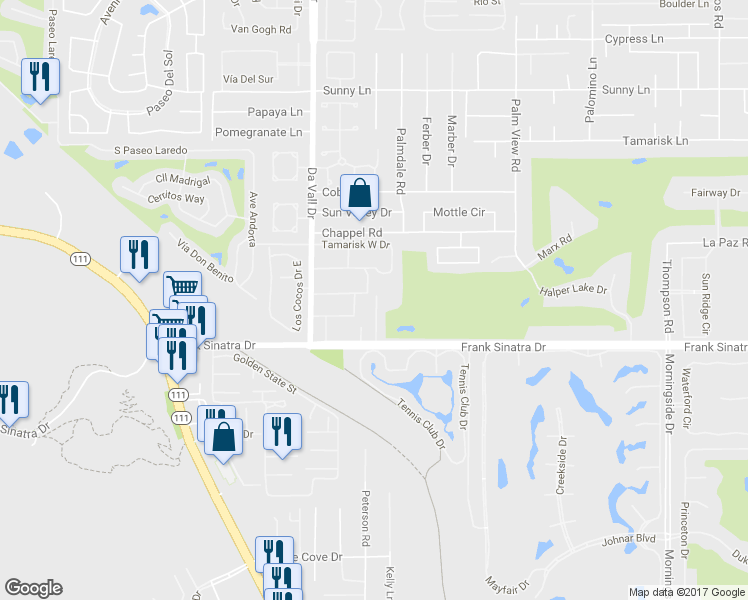 map of restaurants, bars, coffee shops, grocery stores, and more near 70164 Frank Sinatra Drive in Rancho Mirage
