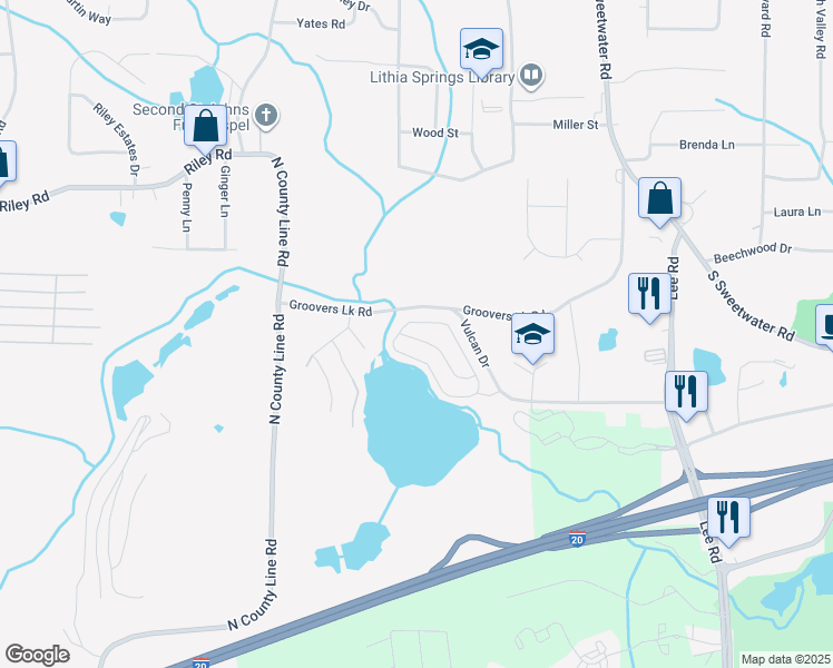 map of restaurants, bars, coffee shops, grocery stores, and more near 1192 Andrews Drive in Lithia Springs