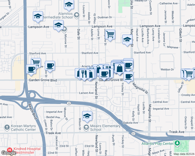map of restaurants, bars, coffee shops, grocery stores, and more near 8671 Garden Grove Boulevard in Garden Grove