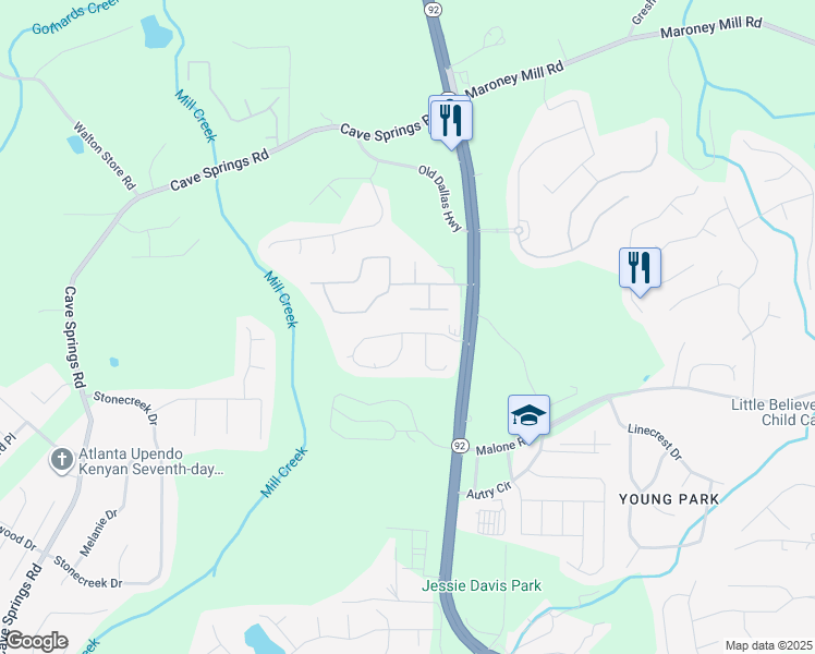 map of restaurants, bars, coffee shops, grocery stores, and more near 5336 Brickleberry Way in Douglasville