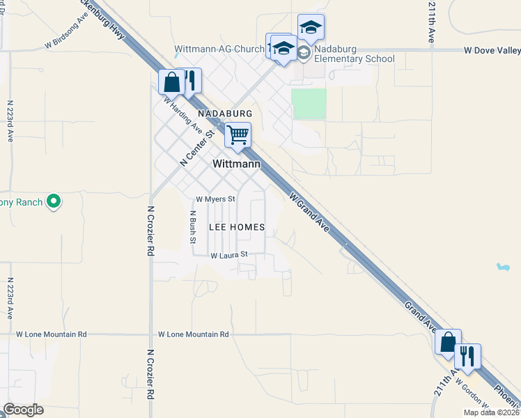 map of restaurants, bars, coffee shops, grocery stores, and more near 21501 Myers Avenue in Wittmann
