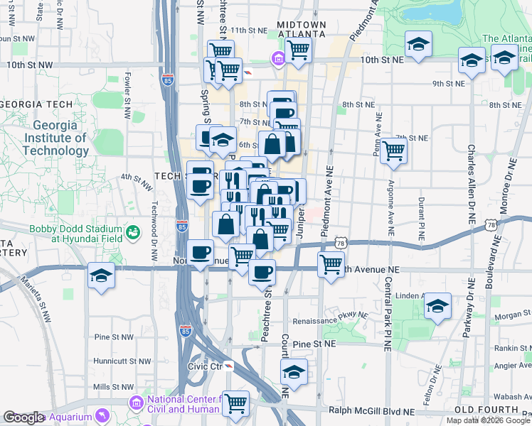 map of restaurants, bars, coffee shops, grocery stores, and more near 702 Peachtree Street Northeast in Atlanta
