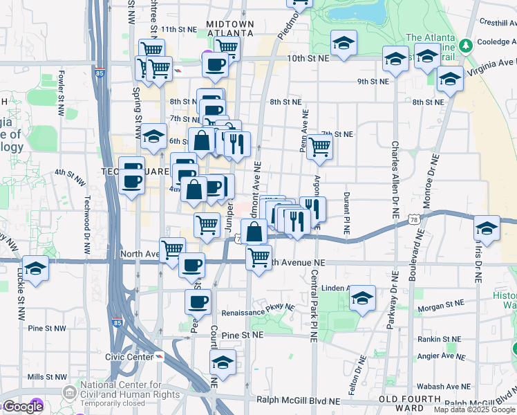 map of restaurants, bars, coffee shops, grocery stores, and more near 717 Piedmont Avenue Northeast in Atlanta