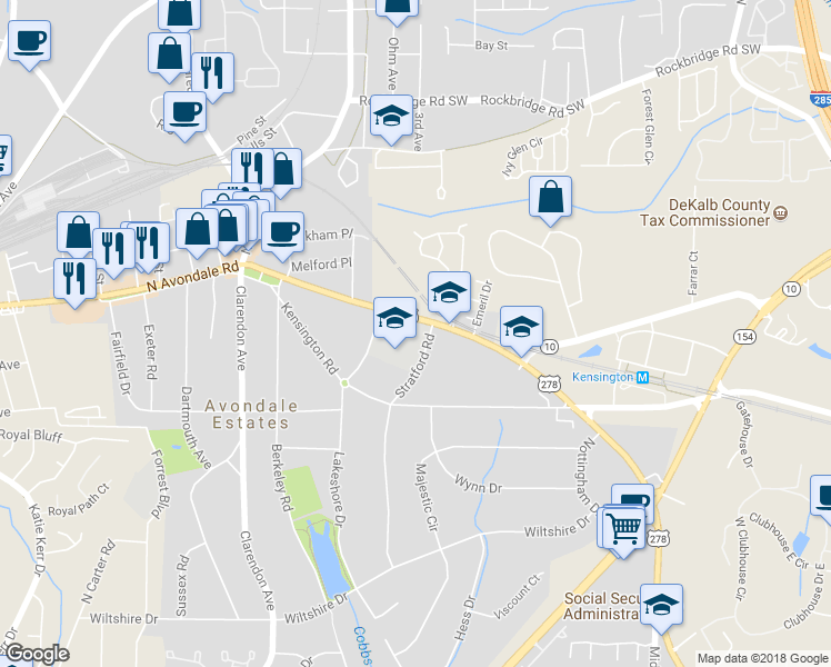 map of restaurants, bars, coffee shops, grocery stores, and more near 47 Covington Rd in Avondale Estates