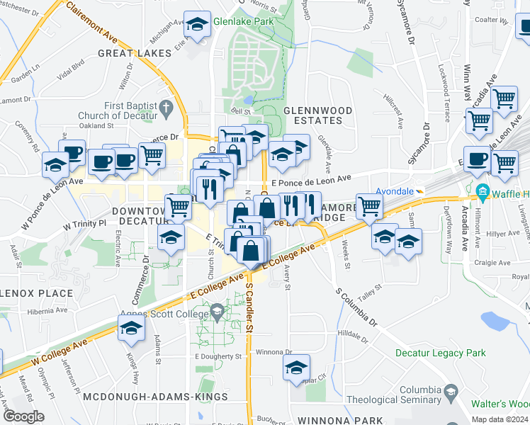 map of restaurants, bars, coffee shops, grocery stores, and more near Commerce Drive in Decatur