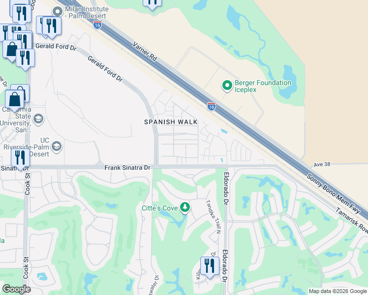 map of restaurants, bars, coffee shops, grocery stores, and more near 565 Via De La Paz in Palm Desert