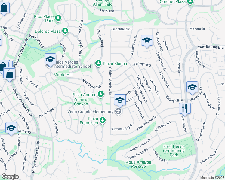 map of restaurants, bars, coffee shops, grocery stores, and more near 7035 Willowtree Drive in Rancho Palos Verdes