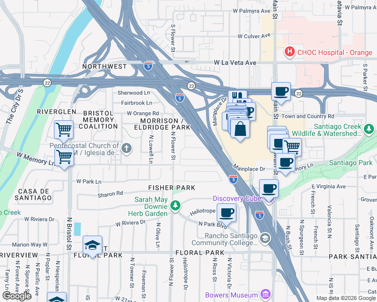 map of restaurants, bars, coffee shops, grocery stores, and more near 780 West Aster Place in Santa Ana