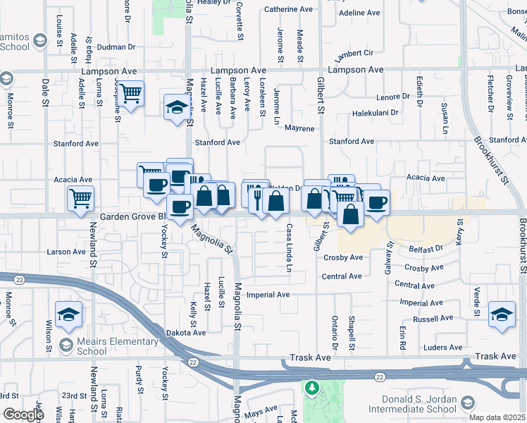 map of restaurants, bars, coffee shops, grocery stores, and more near 9258 Nichols Drive in Garden Grove
