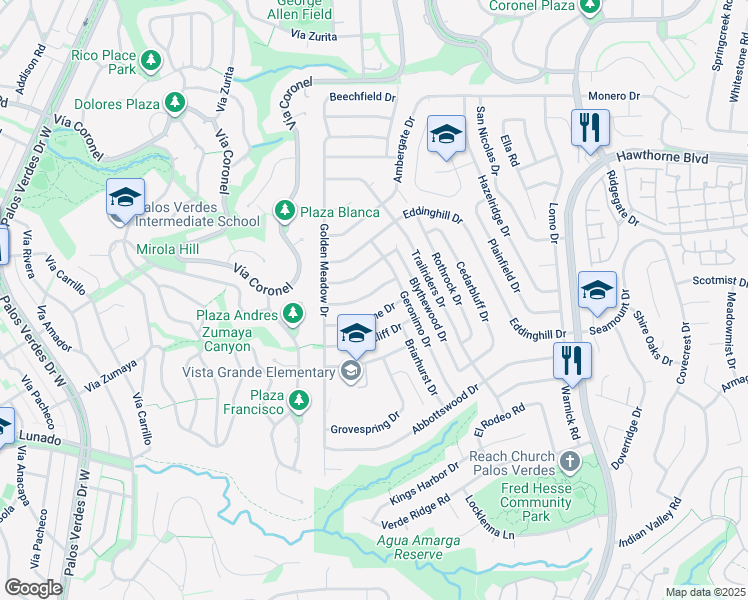 map of restaurants, bars, coffee shops, grocery stores, and more near 6938 Willowtree Drive in Rancho Palos Verdes