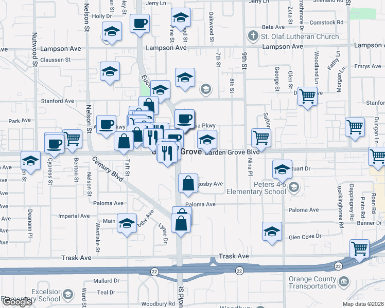 map of restaurants, bars, coffee shops, grocery stores, and more near 11224 Garden Grove Boulevard in Garden Grove