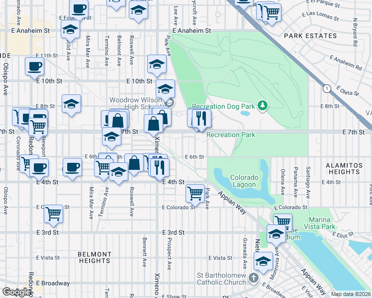 map of restaurants, bars, coffee shops, grocery stores, and more near 628 Quincy Avenue in Long Beach