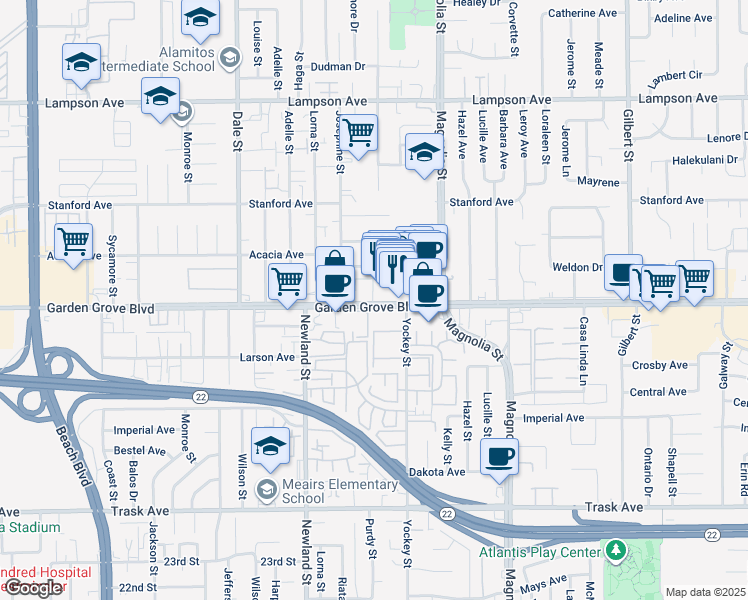 map of restaurants, bars, coffee shops, grocery stores, and more near 8821 Garden Grove Blvd in Garden Grove