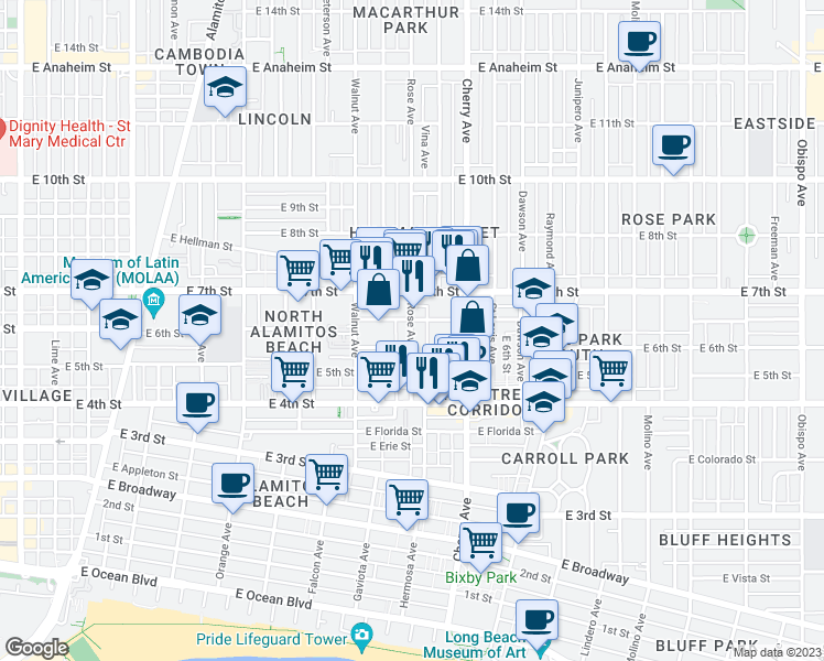 map of restaurants, bars, coffee shops, grocery stores, and more near 558 Rose Avenue in Long Beach