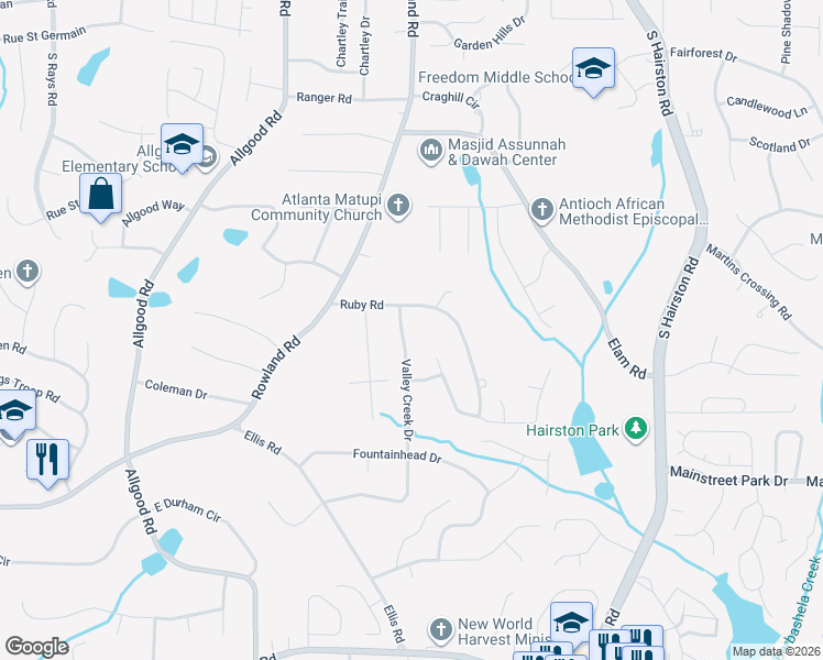 map of restaurants, bars, coffee shops, grocery stores, and more near 754 Valley Creek Drive in Stone Mountain