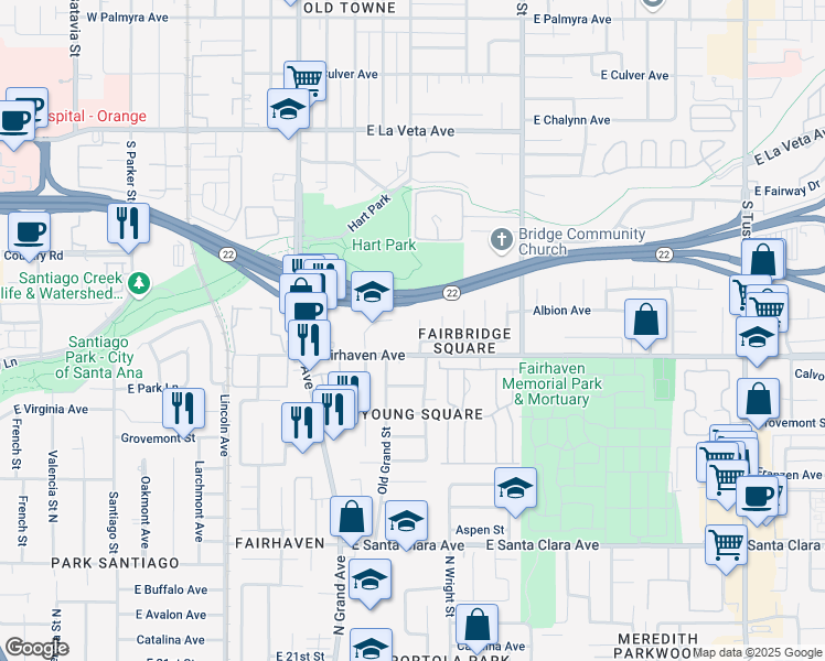 map of restaurants, bars, coffee shops, grocery stores, and more near 1415 Fairhaven Avenue in Santa Ana