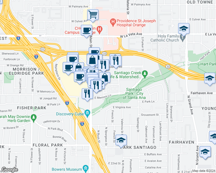 map of restaurants, bars, coffee shops, grocery stores, and more near 165 East City Place Drive in Santa Ana
