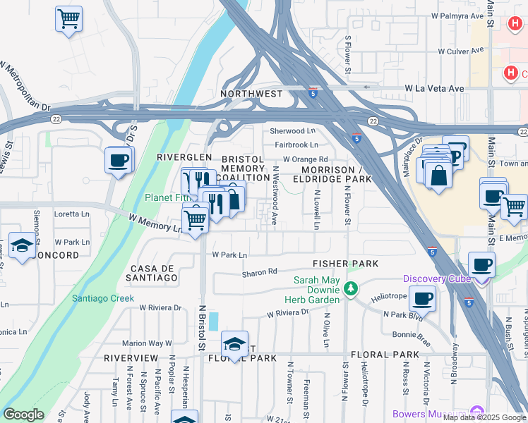 map of restaurants, bars, coffee shops, grocery stores, and more near 1025 West Memory Lane in Santa Ana