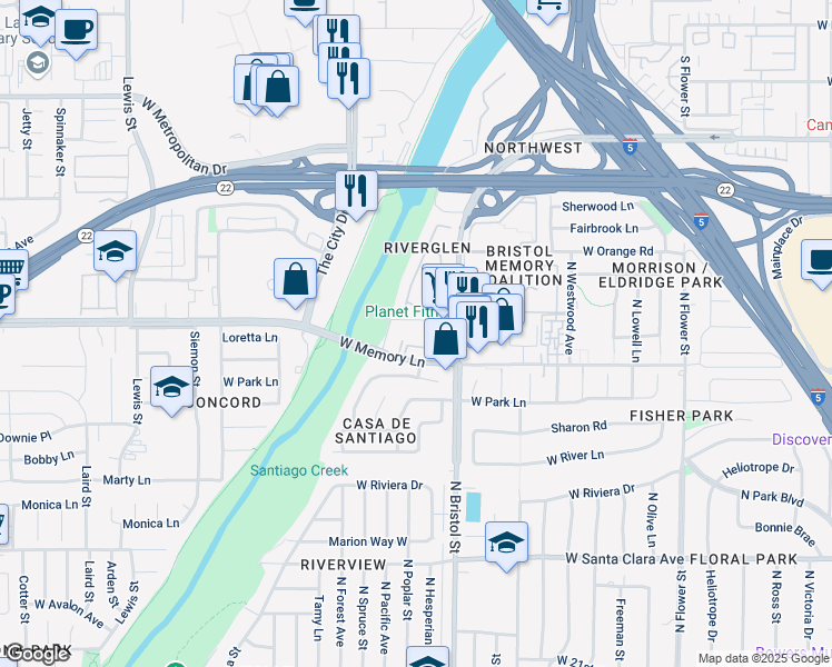 map of restaurants, bars, coffee shops, grocery stores, and more near 2724 North Bristol Street in Santa Ana